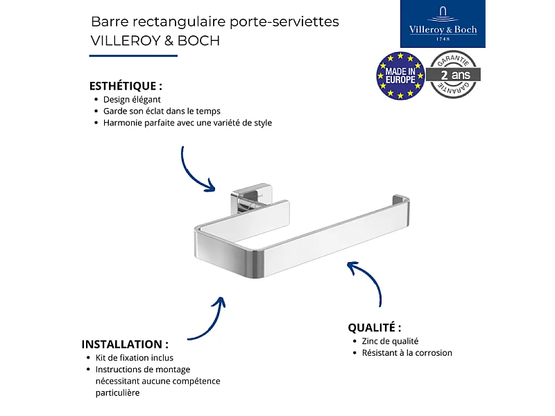 Barre rectangulaire porte-serviettes VILLEROY ET BOCH Elements - Striking aspect or brossé