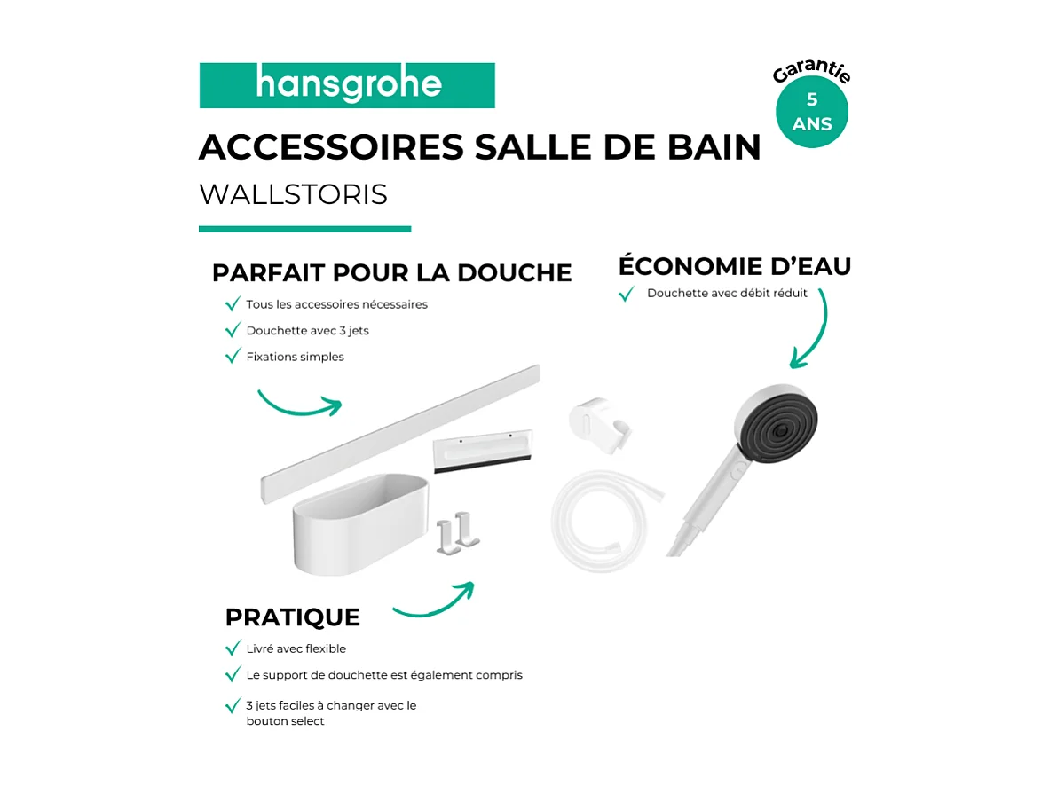 Ensemble d'accessoires de douche sans thermostatique HANSGROHE WallStoris blanc mat