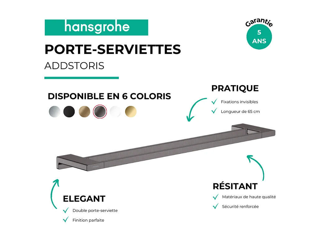 Porte-serviettes double rail 648 mm noir chromé brossé HANSGROHE AddStoris