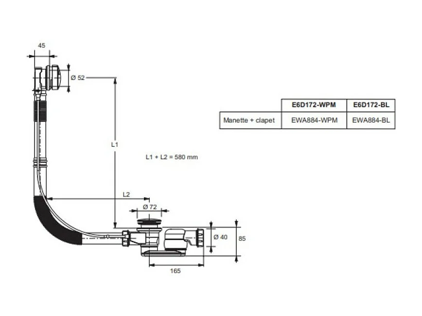 Vidage baignoire extra plat JACOB DELAFON blanc mat