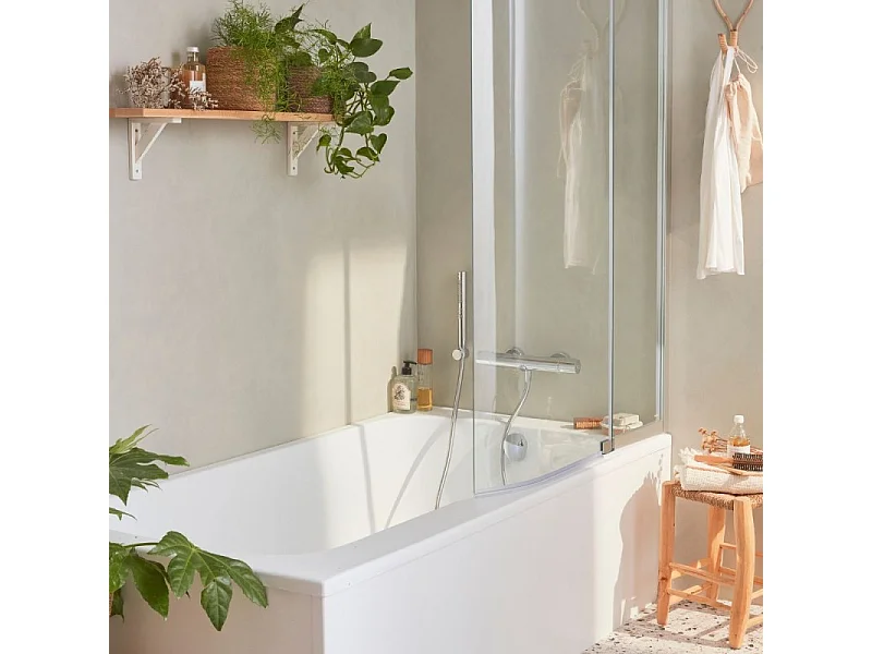 Tablier bain compatible toutes baignoires rectangulaires, installation angle, 180x90x60cm, Blanc + Pare bain Malice Jacob Delafon