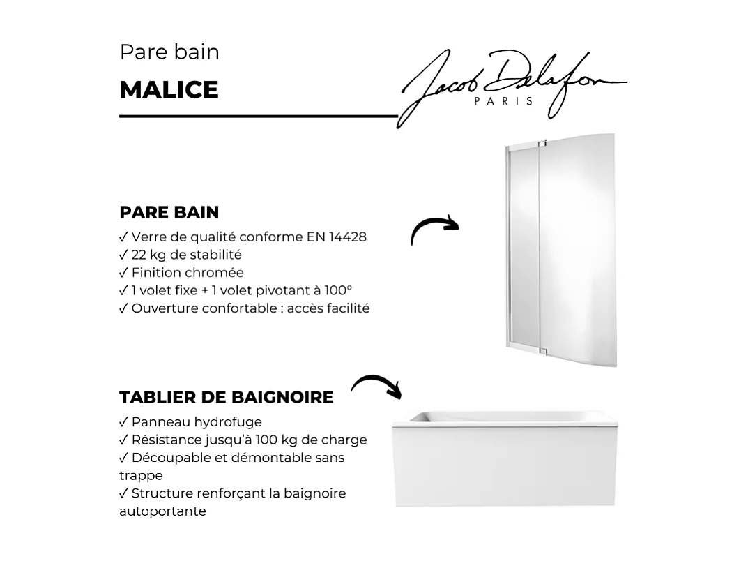 Tablier bain compatible toutes baignoires rectangulaires, installation angle, 180x90x60cm, Blanc + Pare bain Malice Jacob Delafon