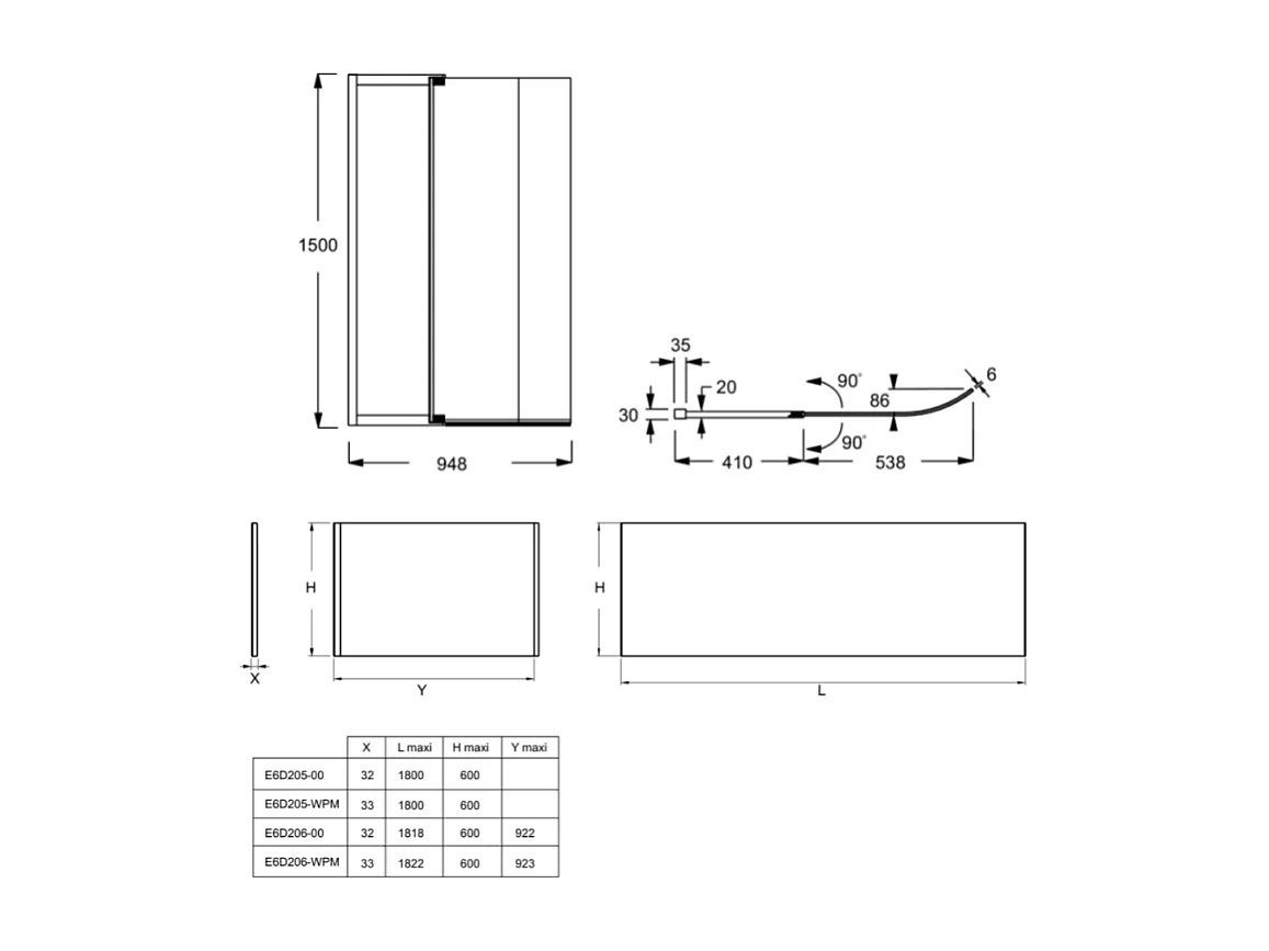Tablier bain compatible toutes baignoires rectangulaires, installation angle, 180x90x60cm, Blanc + Pare bain Malice Jacob Delafon