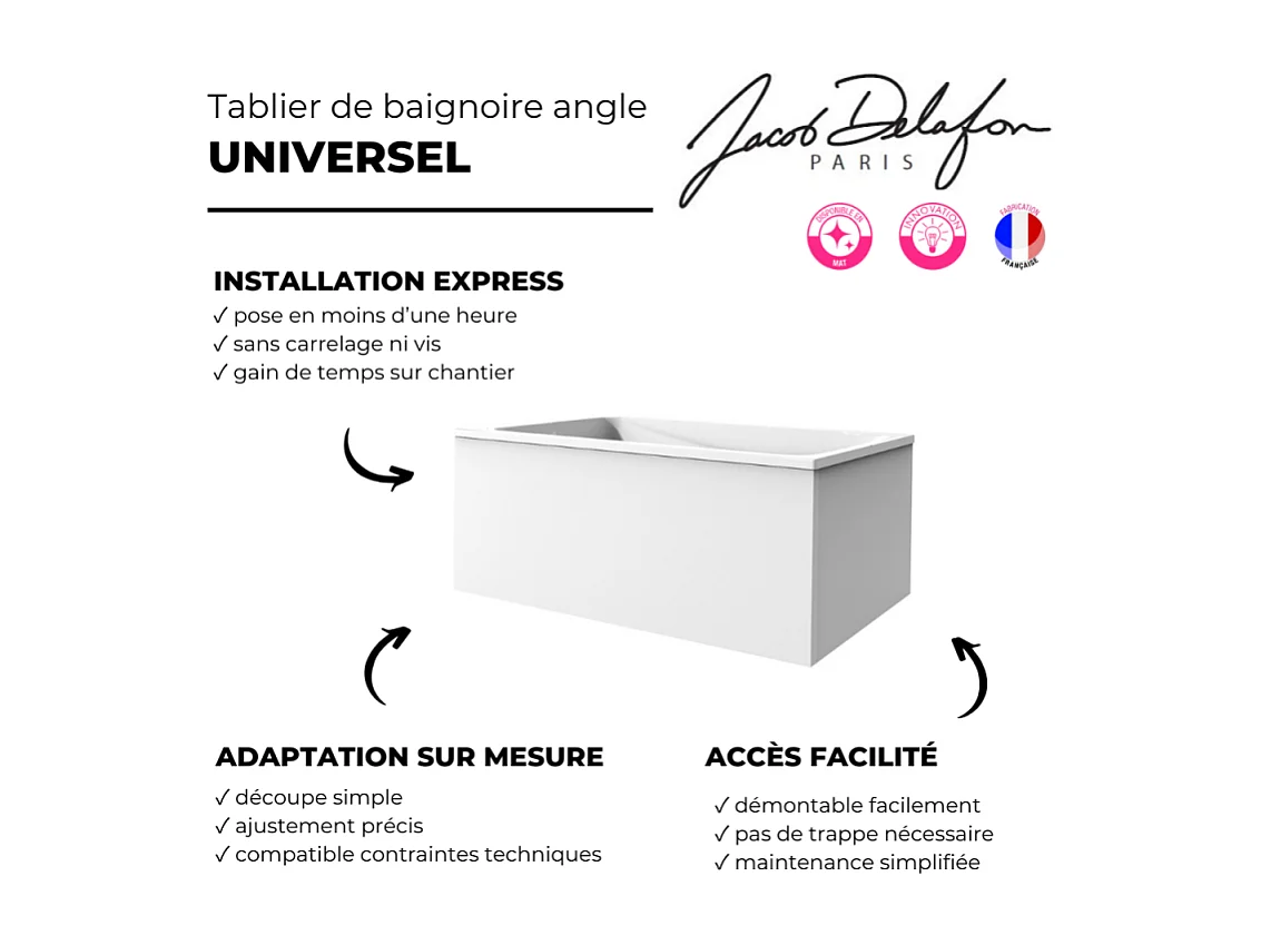 JACOB DELAFON Tablier frontal pour baignoire rectangulaire 180 x 90 x 60 cm installation angle Blanc