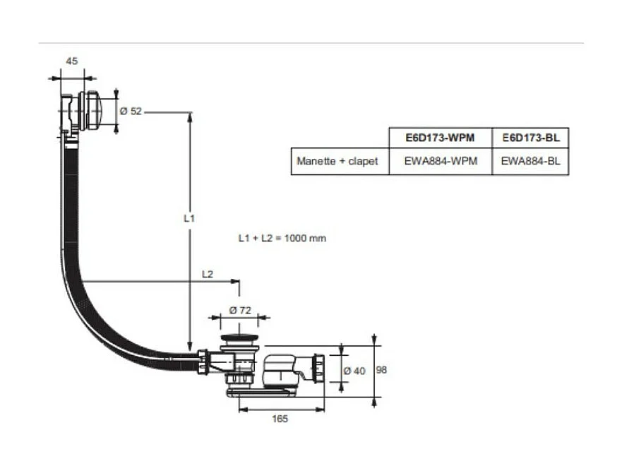 Vidage baignoire extra plat JACOB DELAFON câble long (1m) noir mat