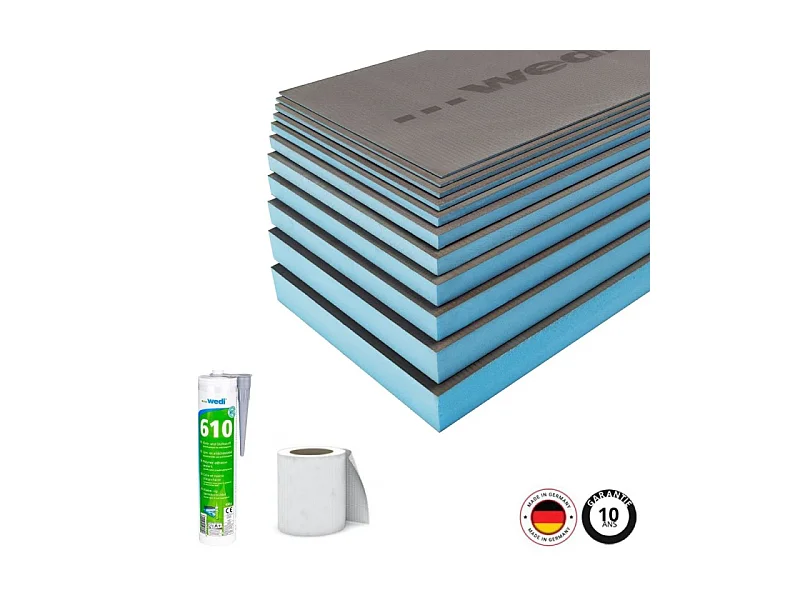 Pack 3 panneaux de construction WEDI 250 x 60 x 5 cm + colle polymere étanchéité 610 + bande d'armature collante