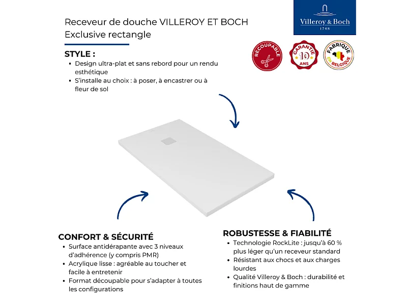 Receveur découpable 150 X 90 VILLEROY ET BOCH Exclusive rectangle blanc