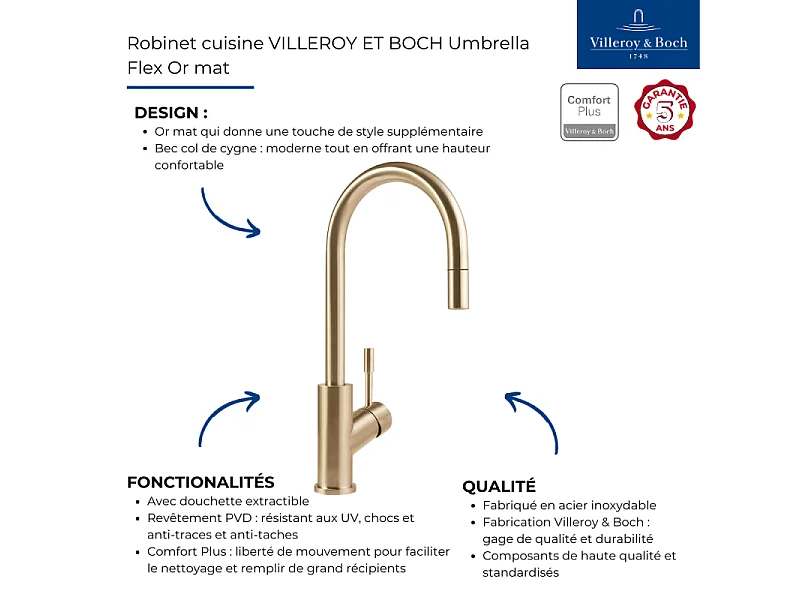 Robinet cuisine VILLEROY ET BOCH Umbrella flex or mat + nettoyant