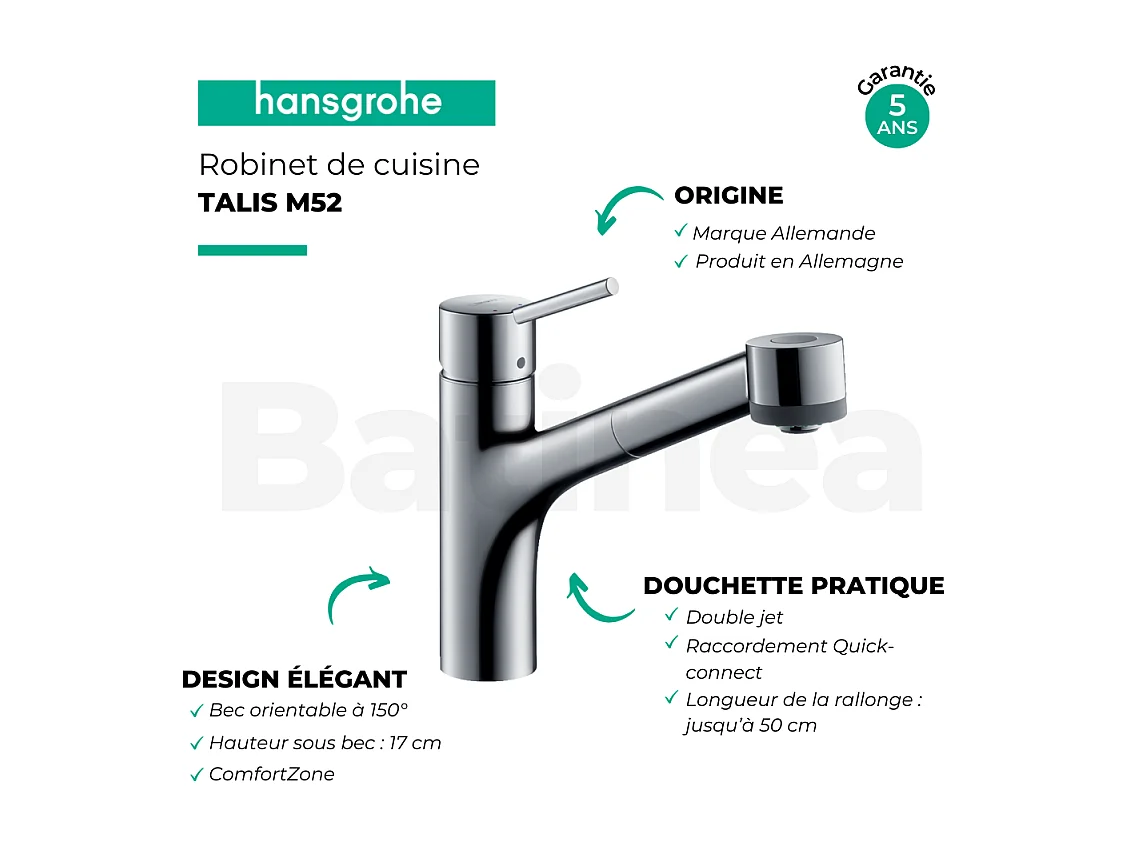 Robinet de cuisine avec douchette HANSGROHE Talis M52 170 2 jets chromé