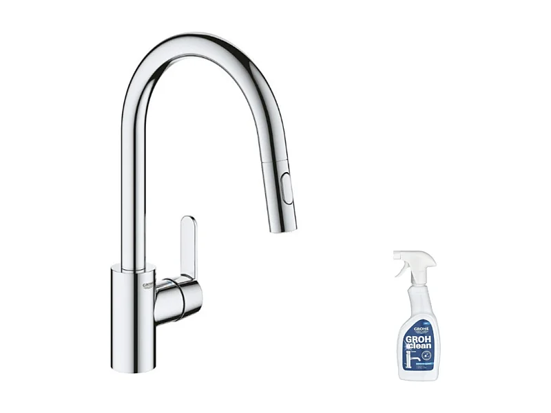 Robinet de cuisine avec douchette GROHE Feel chromé + nettoyant GrohClean