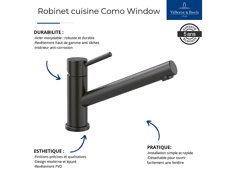 VILLEROY ET BOCH Grifo de cocina plegable Como ventana antracita