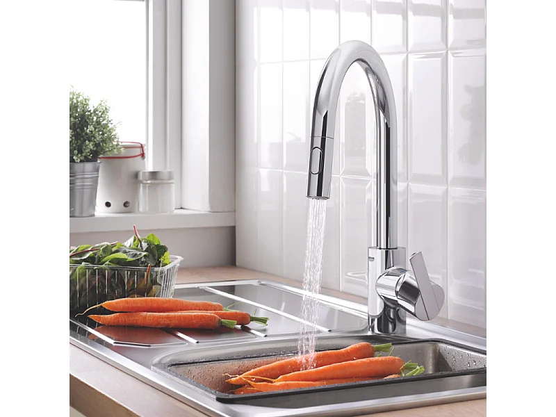 Robinet de cuisine avec douchette GROHE Feel chromé Quickfix + microfibre