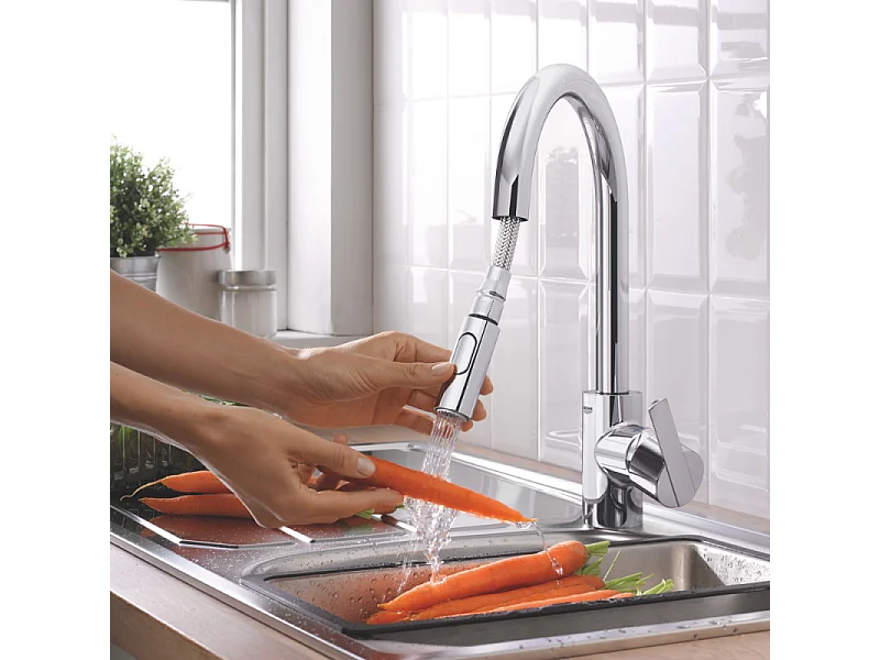 Robinet de cuisine avec douchette GROHE Feel chromé Quickfix + microfibre