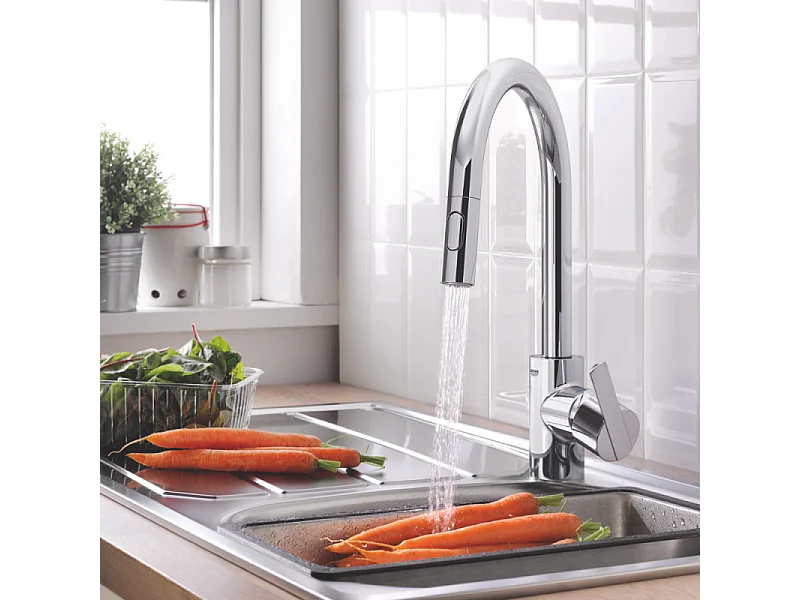 Robinet de cuisine avec douchette GROHE Feel chromé Quickfix + microfibre