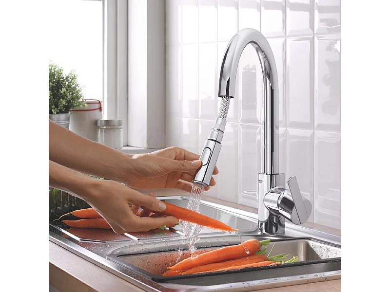 Robinet de cuisine avec douchette GROHE Feel chromé Quickfix + microfibre
