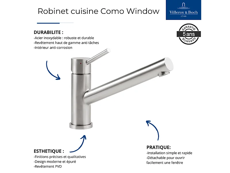Robinet cuisine rabattable VILLEROY ET BOCH Como window acier massif + nettoyant