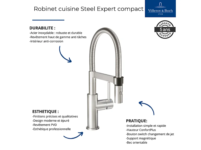 Robinet cuisine VILLEROY ET BOCH Steel expert compact acier massif + nettoyant