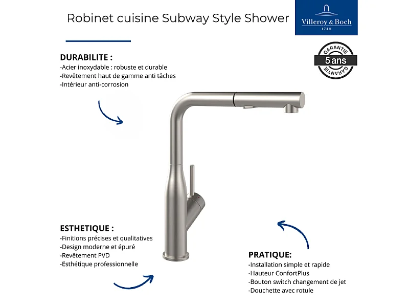 Robinet cuisine VILLEROY ET BOCH Subway Style Shower acier massif + nettoyant