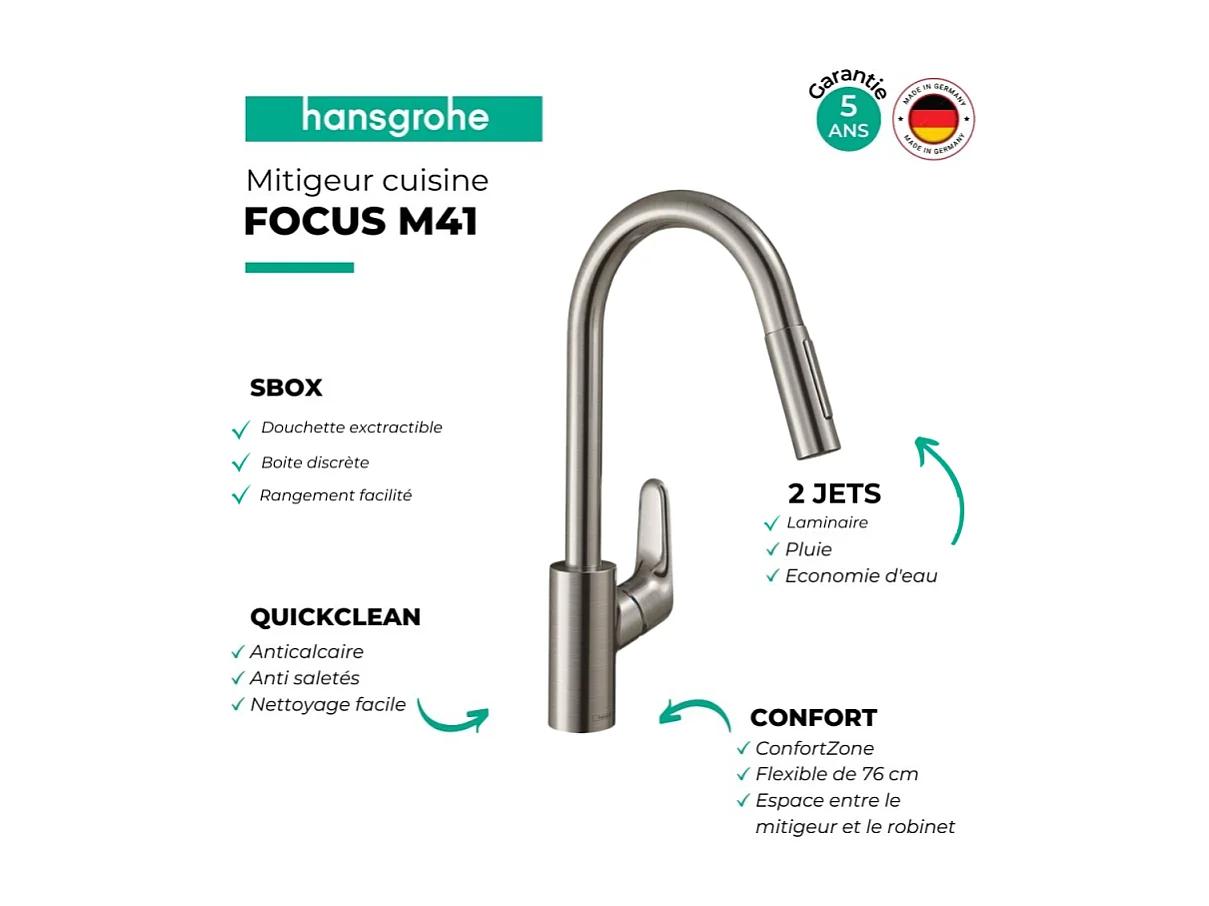 Robinet de cuisine avec douchette HANSGROHE Focus M41 240 sBox 2 jets chromé