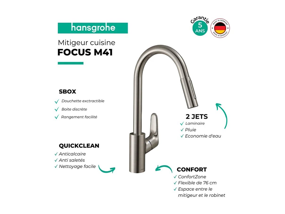 Robinet de cuisine avec douchette HANSGROHE Focus M41 240 sBox 2 jets chromé