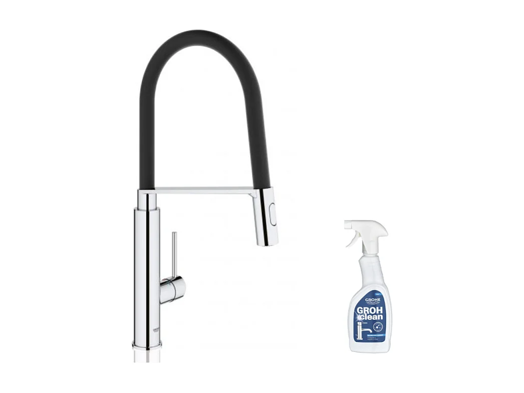 Robinet de cuisine avec douchette GROHE Feel Quickfix chromé + nettoyant GrohClean