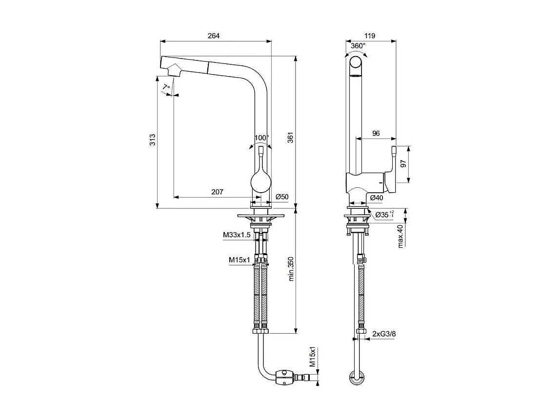 Grifo de cocina con rociador IDEAL STANDARD Ceralook cromo L caño