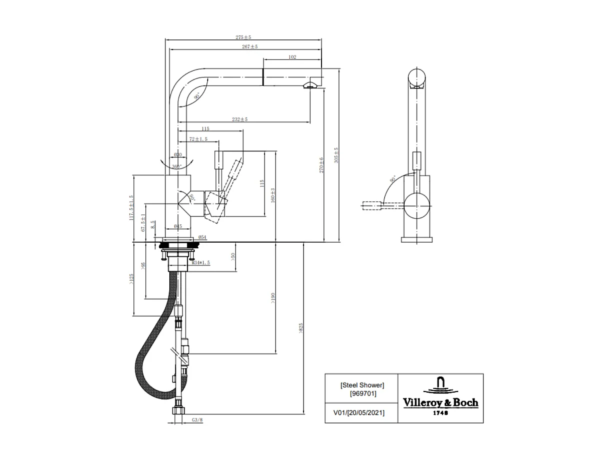Robinet cuisine VILLEROY ET BOCH Steel Shower acier massif + nettoyant