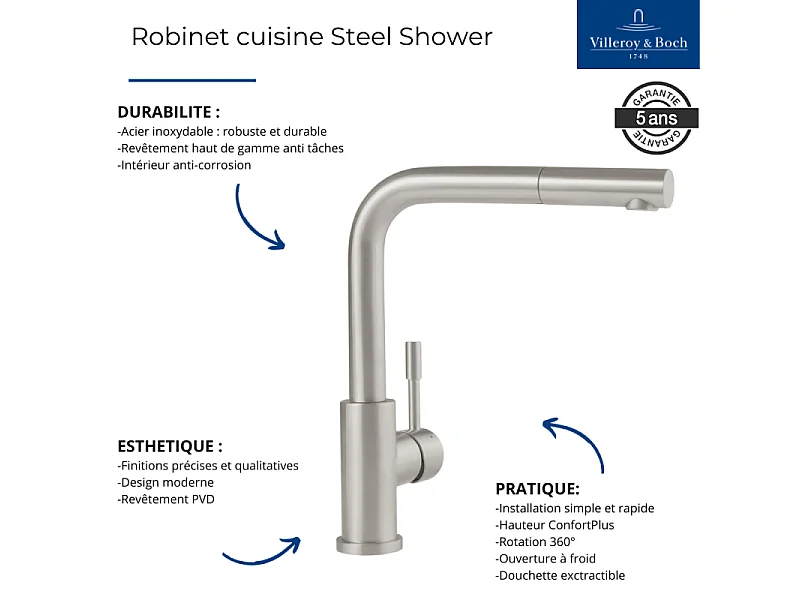 Robinet cuisine VILLEROY ET BOCH Steel Shower acier massif + nettoyant