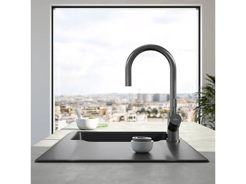 Robinet cuisine VILLEROY ET BOCH Umbrella flex anthracite + nettoyant