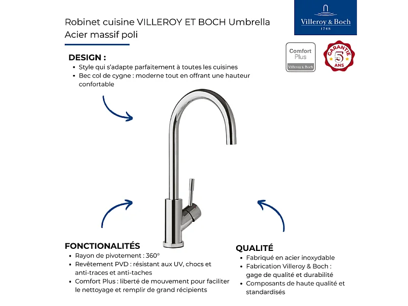 Robinet cuisine VILLEROY ET BOCH Umbrella acier massif poli + nettoyant