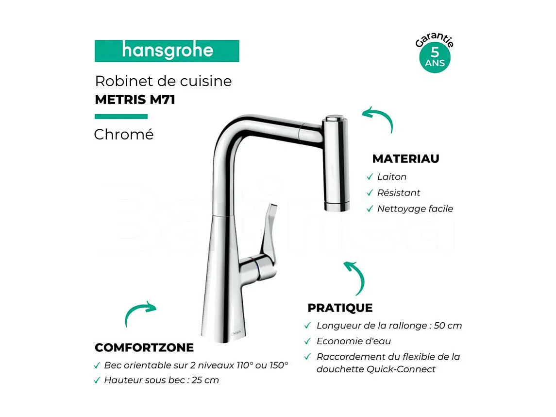 Robinet de cuisine avec douchette HANSGROHE Metris M71 220 2 jets chromé