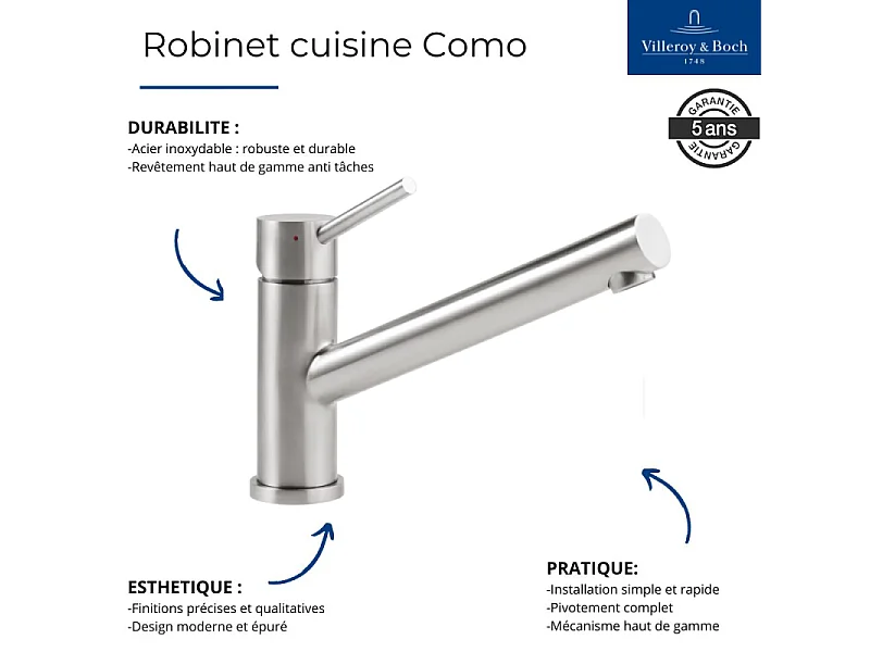 VILLEROY ET BOCH Grifo de cocina Como Acero macizo