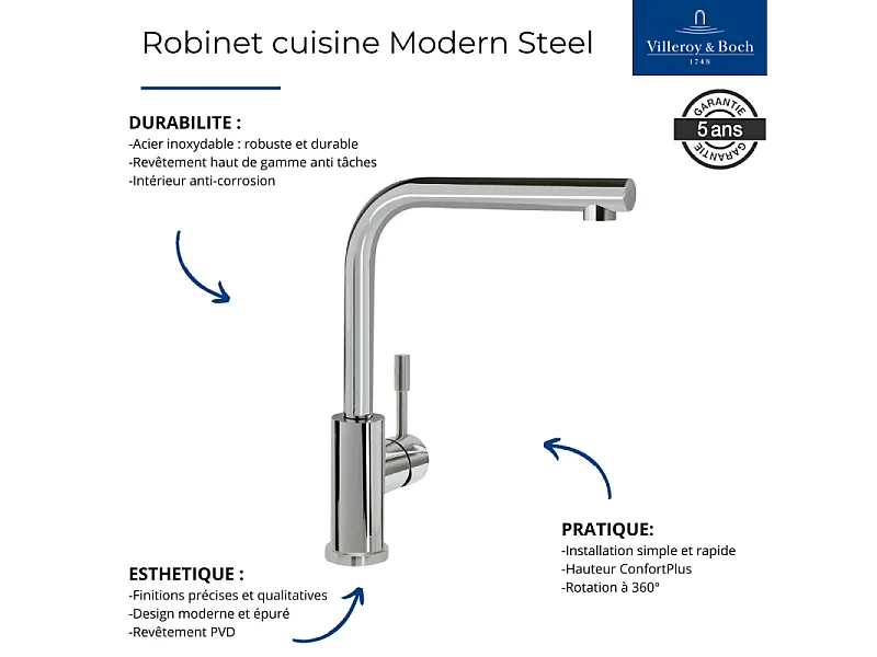 Robinet cuisine VILLEROY ET BOCH Modern Steel acier massif poli