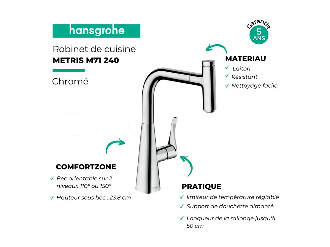 Robinet de cuisine avec douchette HANSGROHE Metris Select M71 240 chromé