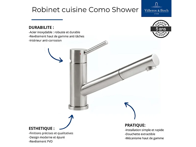 Robinet cuisine rabattable VILLEROY ET BOCH Como Shower window Inox + nettoyant