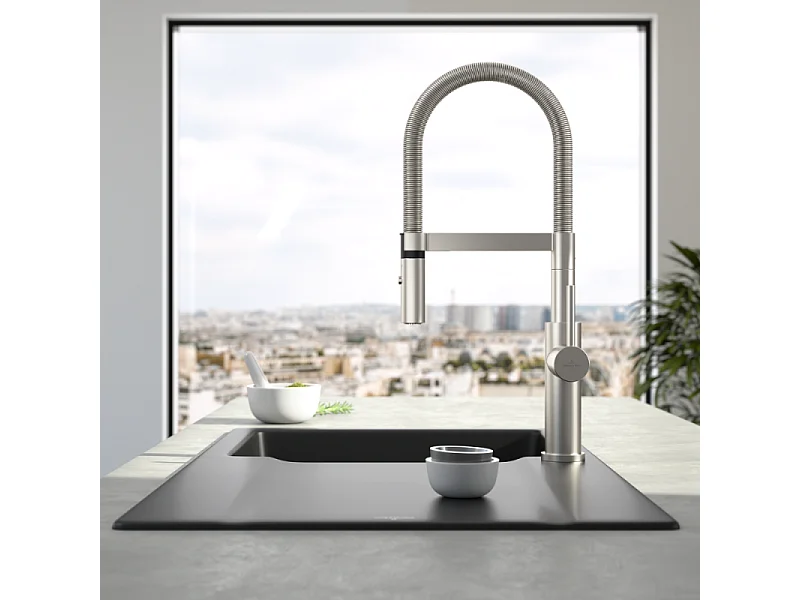 Robinet cuisine VILLEROY ET BOCH Steel expert 2.0 acier massif + nettoyant