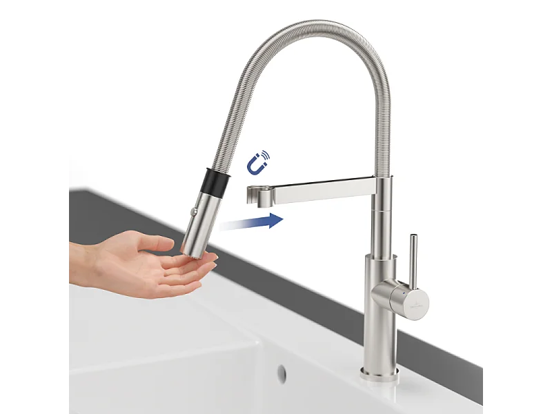 Robinet cuisine VILLEROY ET BOCH Steel expert 2.0 acier massif + nettoyant