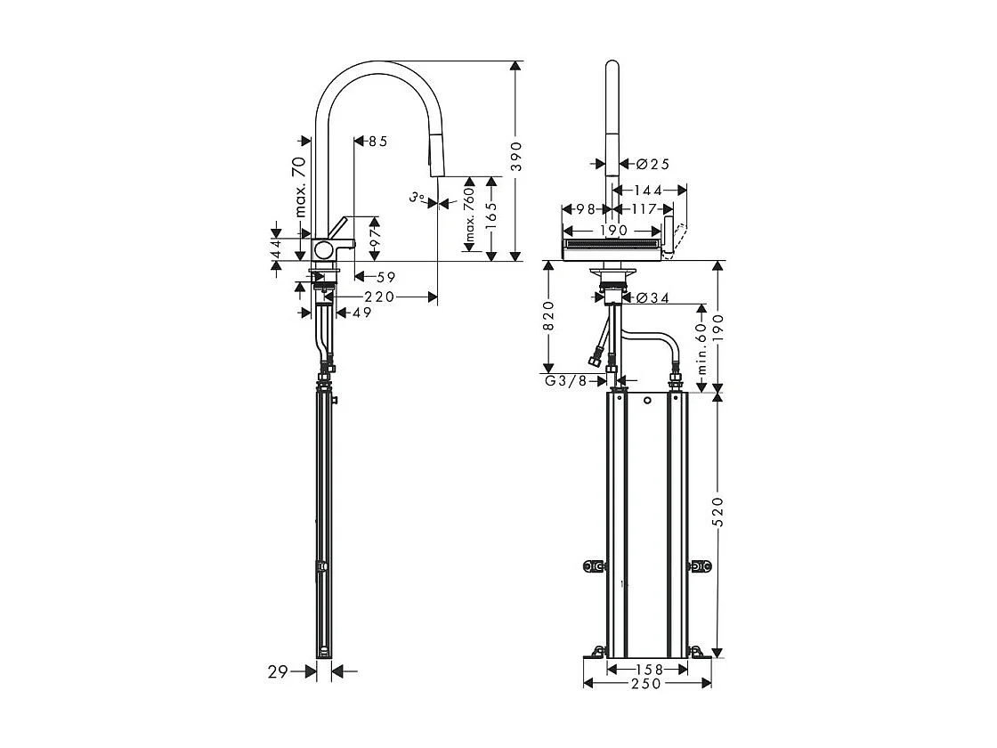 Robinet de cuisine avec douchette HANSGROHE Aquno Select M81 170 sBox 3 jets noir mat