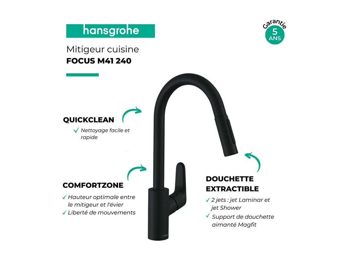 Robinet de cuisine avec douchette HANSGROHE Focus M41 240 2 jets noir mat