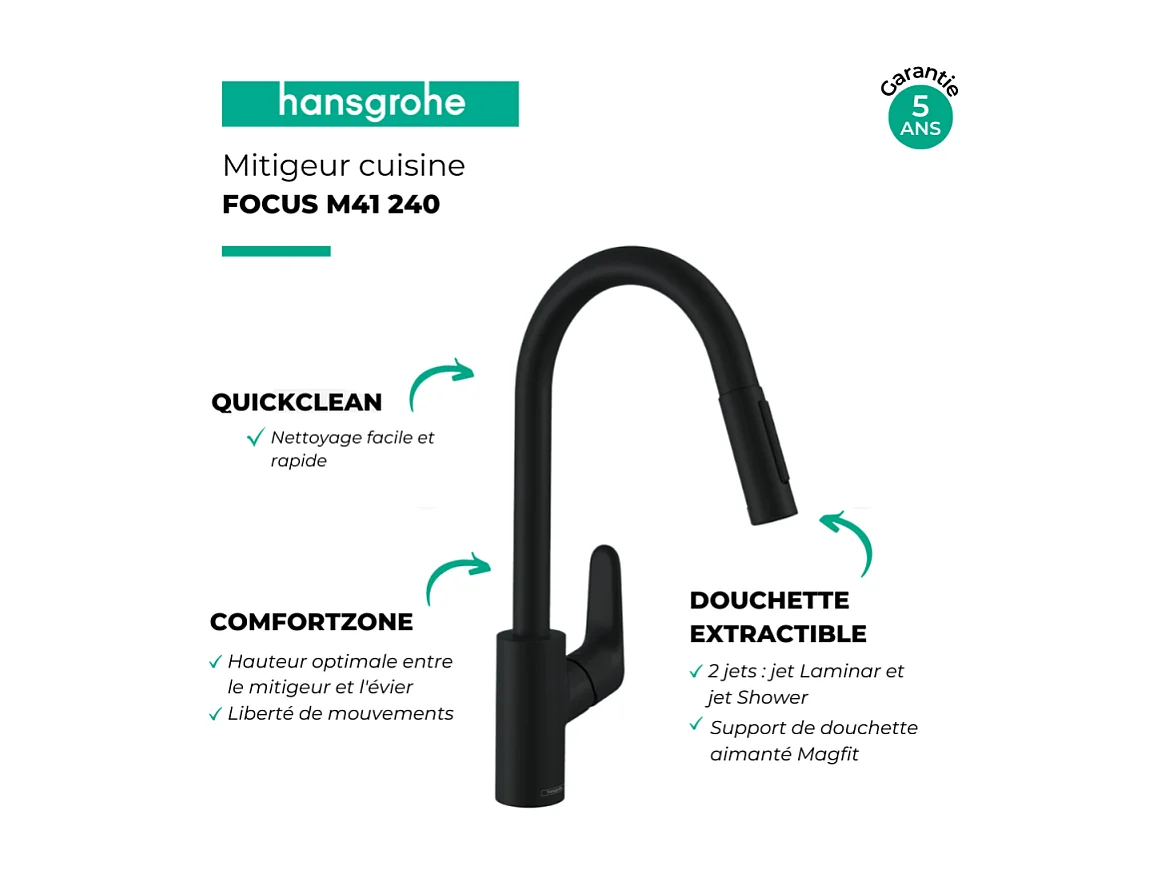 Robinet de cuisine avec douchette HANSGROHE Focus M41 240 2 jets noir mat