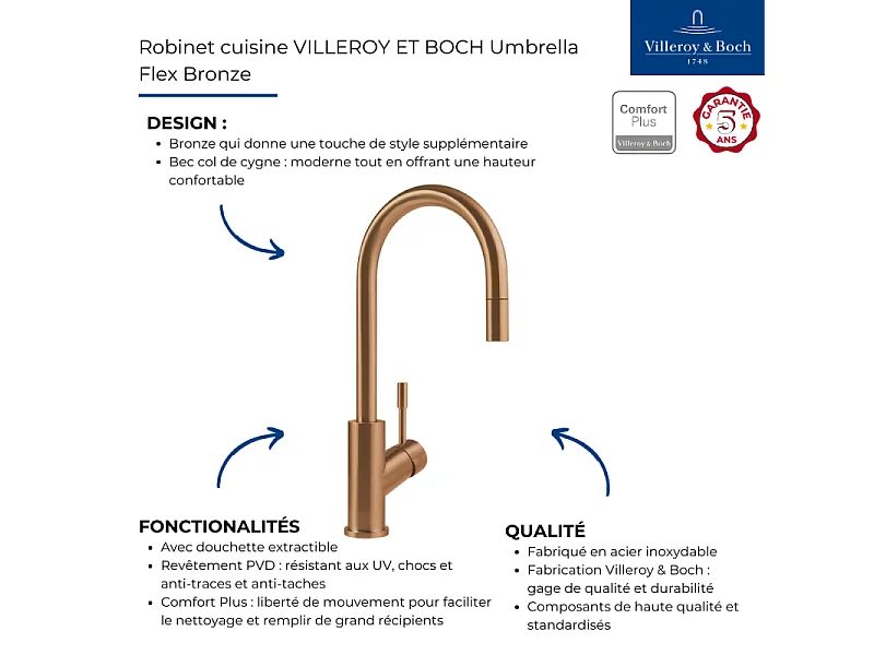 Robinet cuisine VILLEROY ET BOCH Umbrella flex bronze + nettoyant