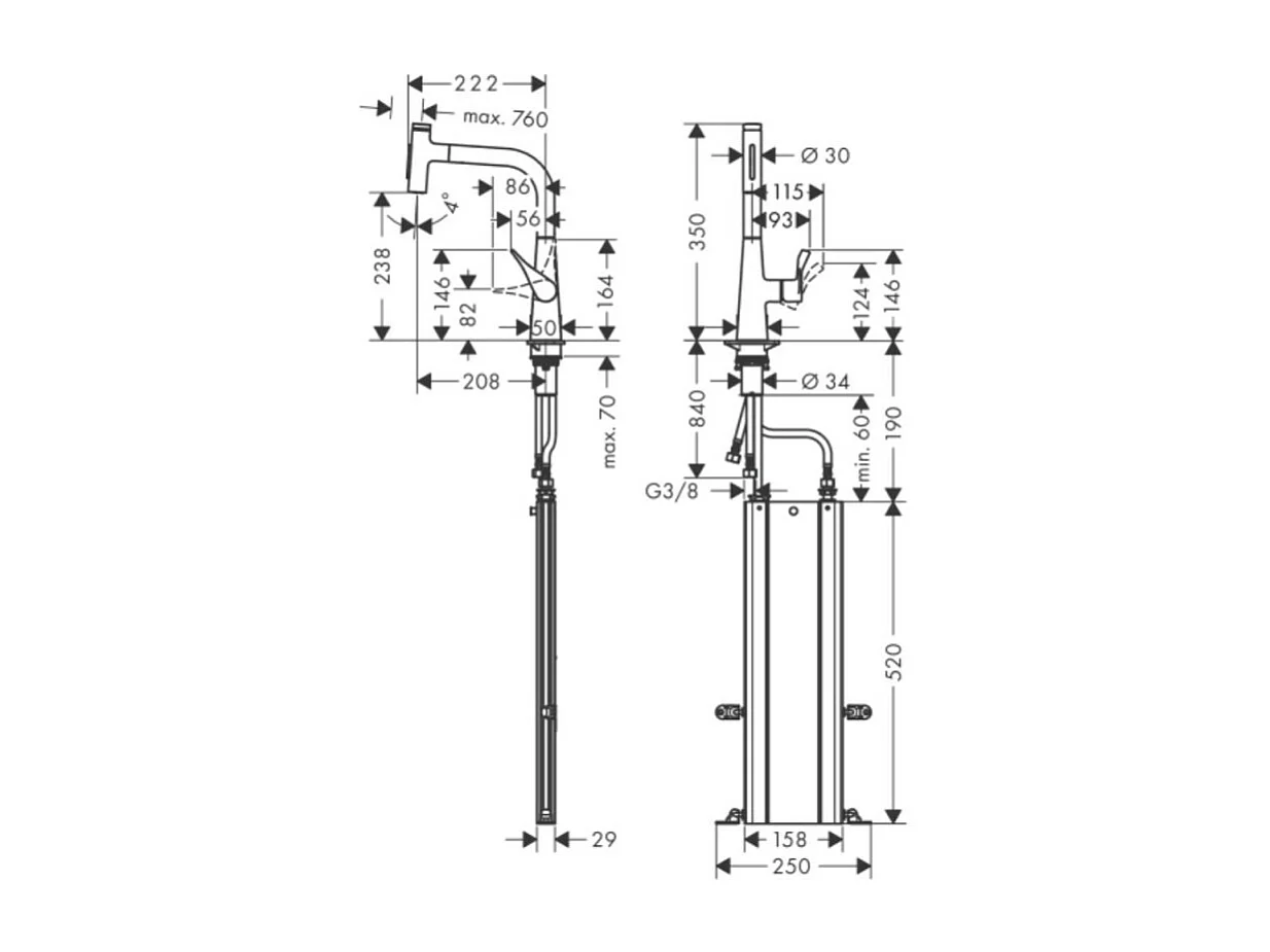 Robinet de cuisine avec douchette HANSGROHE Metris Select M71 240 sBox 2 jets aspect acier inox