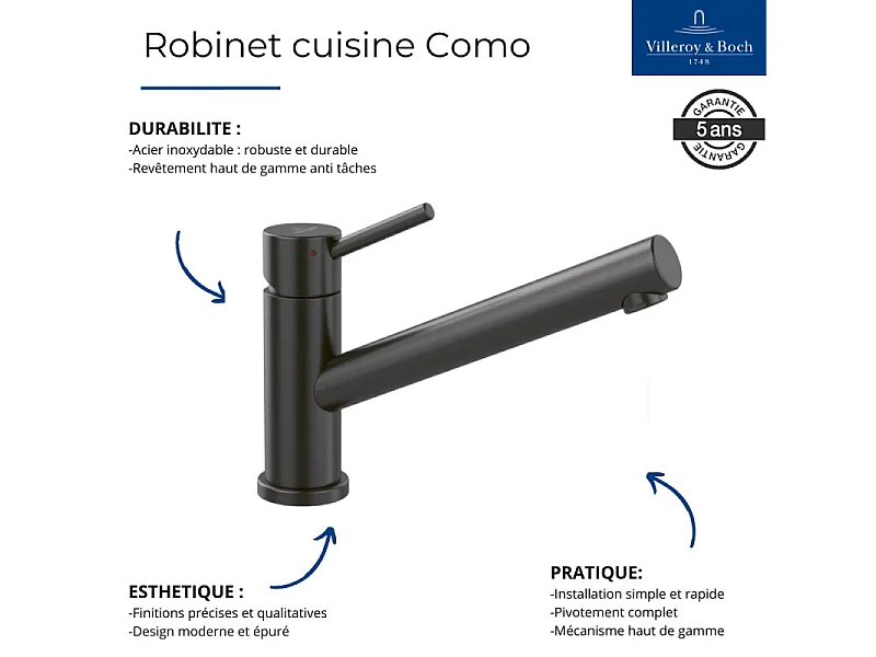 Robinet cuisine VILLEROY ET BOCH Como Anthracite + nettoyant