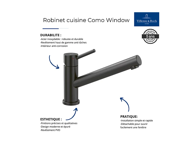 Robinet cuisine rabattable VILLEROY ET BOCH Como window acier massif + nettoyant