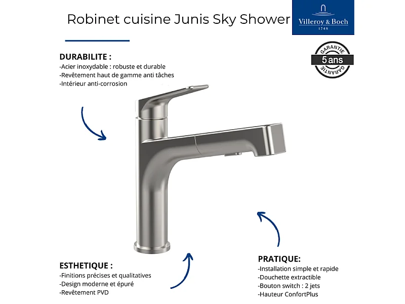 Robinet cuisine VILLEROY ET BOCH Junis Sky Shower + nettoyant