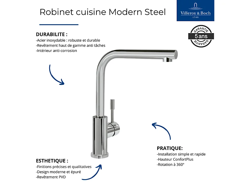 Robinet cuisine VILLEROY ET BOCH Modern Steel anthracite