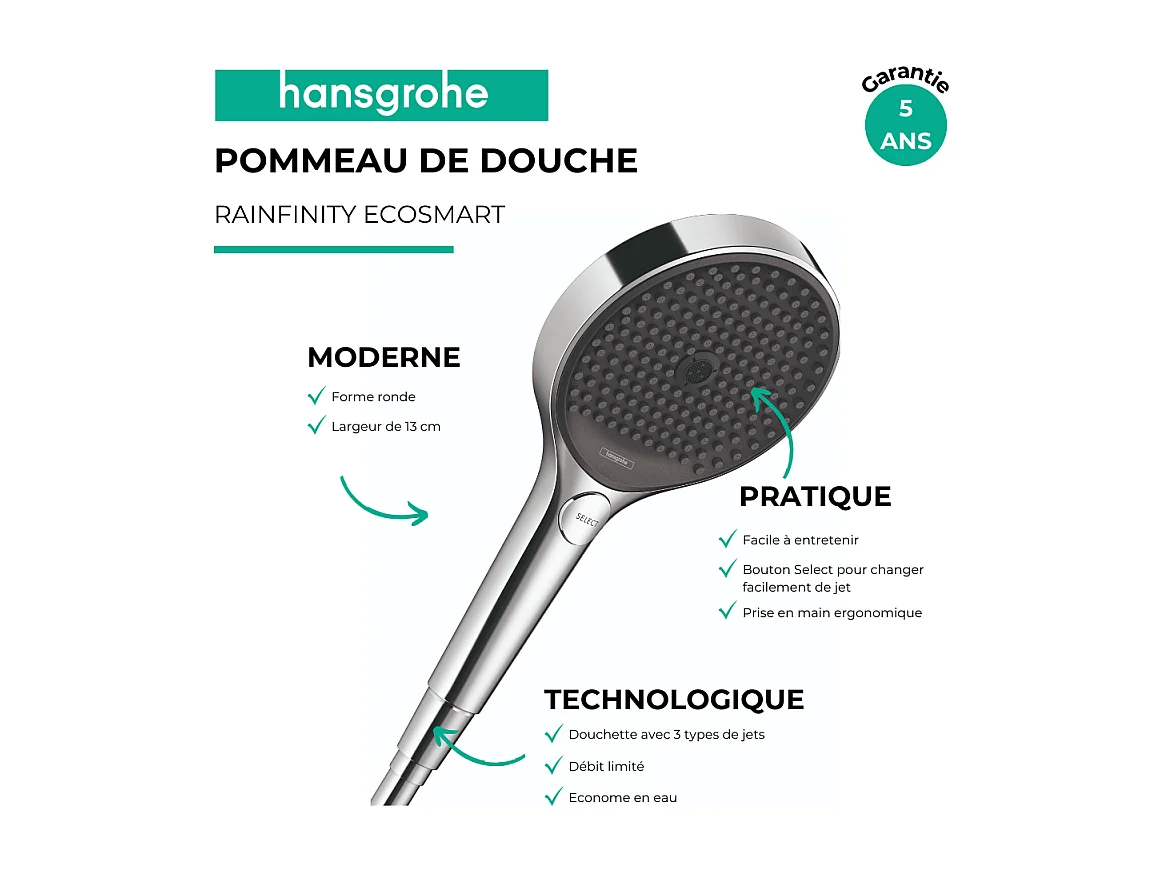 Pommeau de douche HANSGROHE Rainfinity EcoSmart 130 3 jets chromé