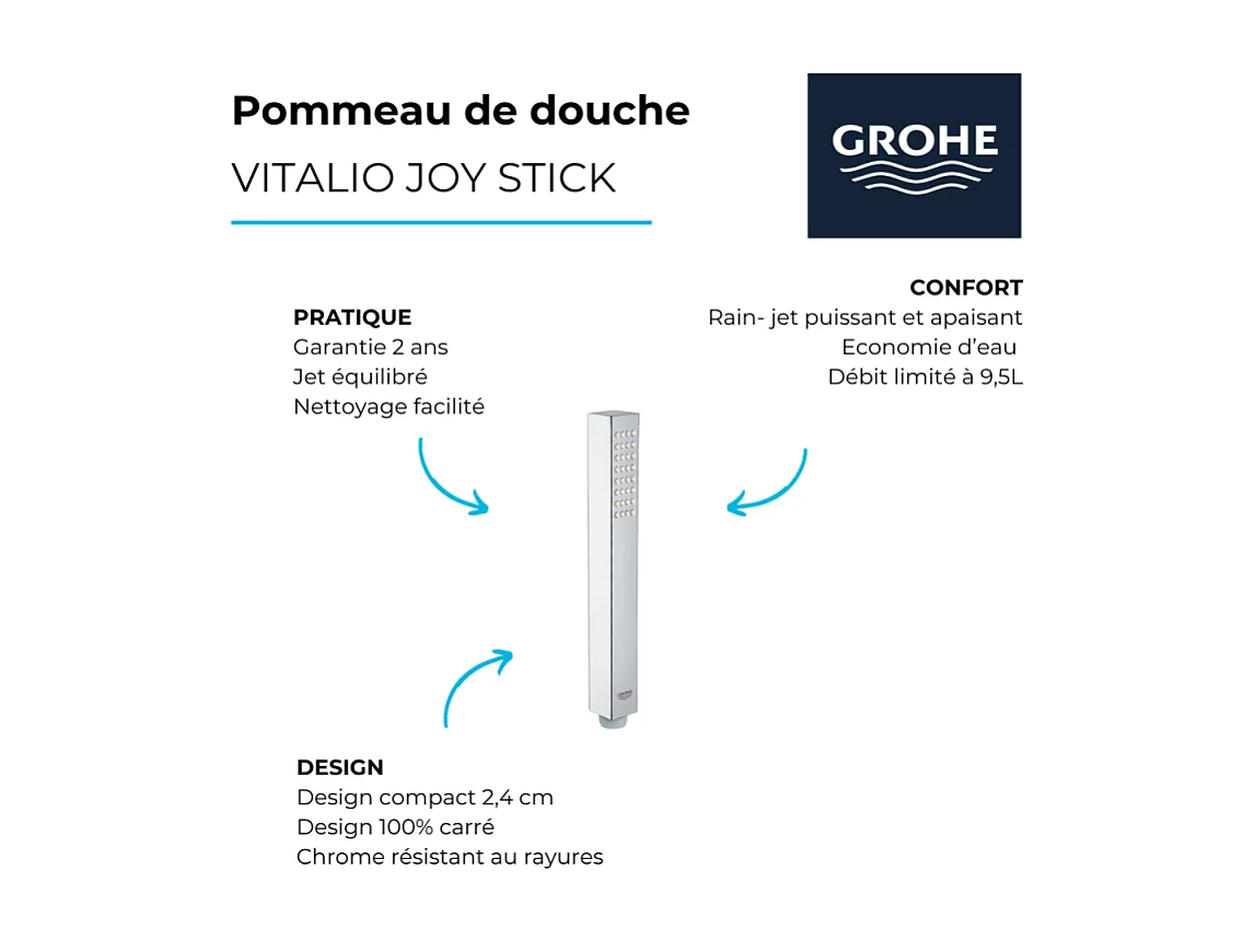 Pommeau de douche GROHE Quickfix Vitalio Joy Cube Stick + nettoyant GrohClean