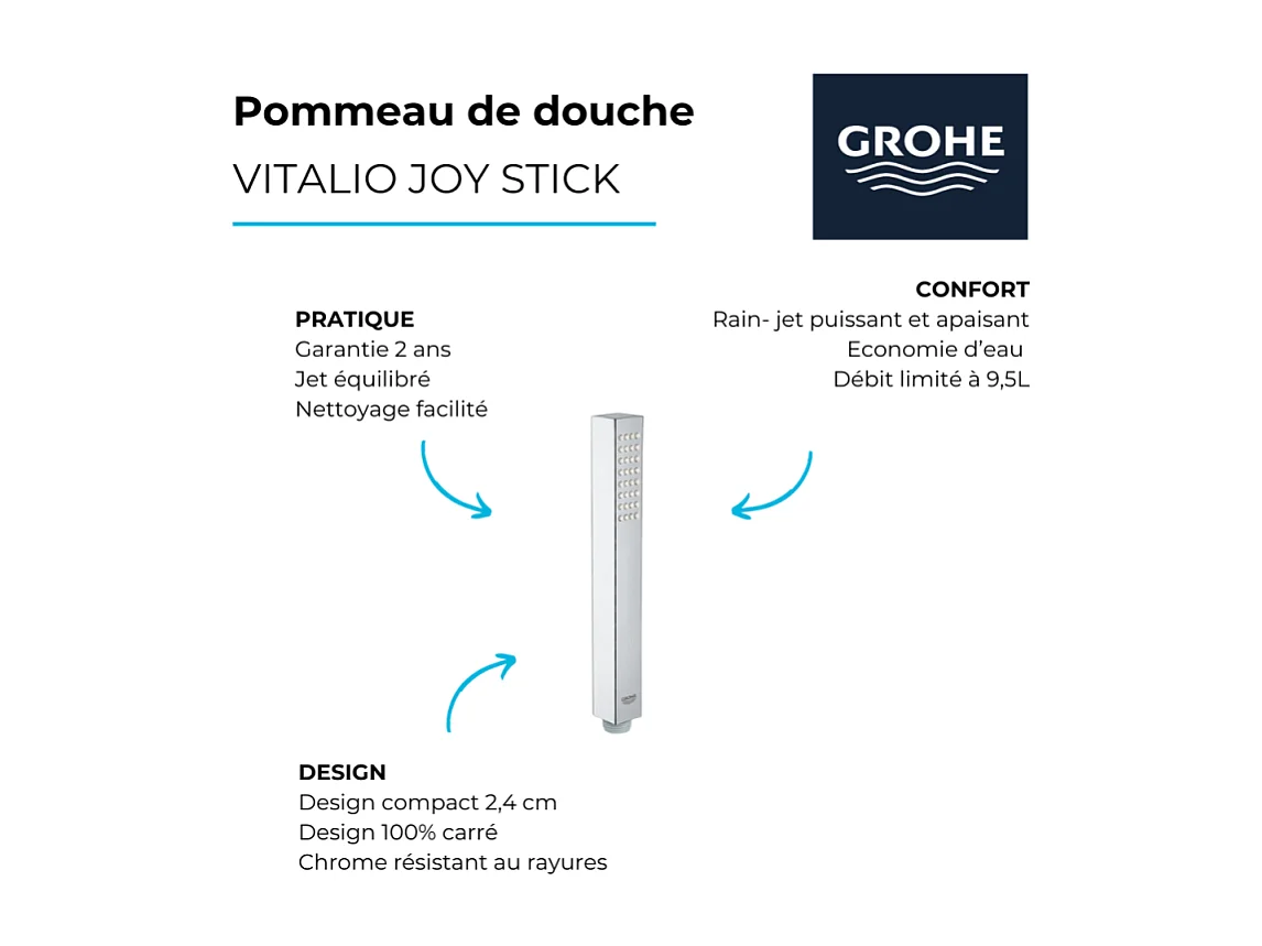 Pommeau de douche GROHE Quickfix Vitalio Joy Cube Stick + nettoyant GrohClean