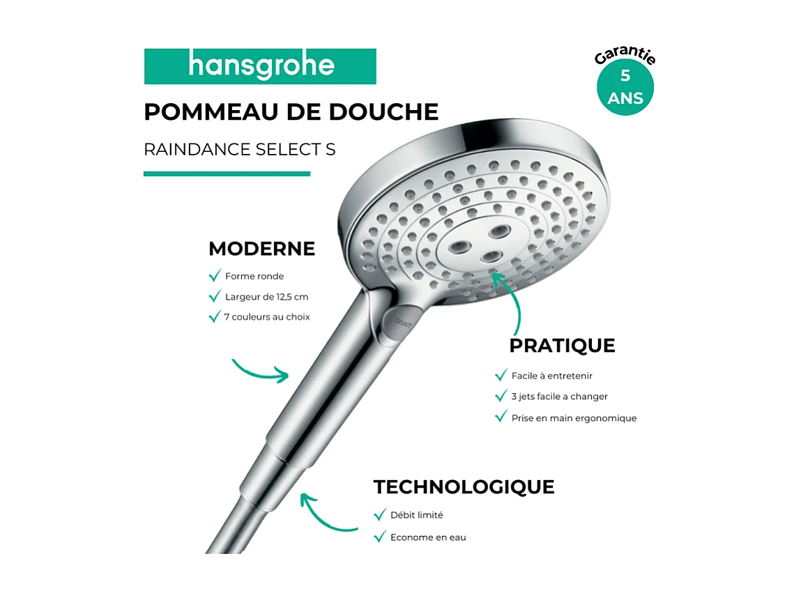 HANSGROHE Douchette à main 120 3jet EcoSmart 9l/min chromé Raindance Select S